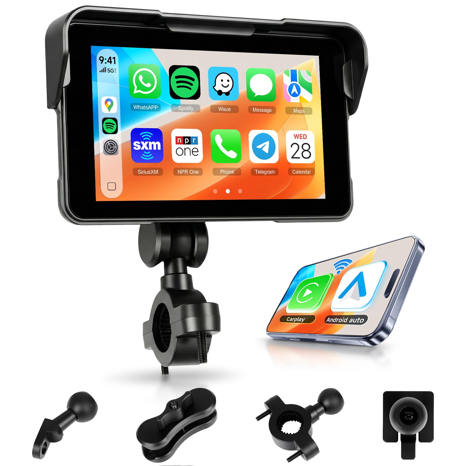 5 Inch Motorcycle Wireless CarPlay Screen, Wireless Android Auto, IP68 Waterproof Touchscreen, 3s Quick Release Mount, Voice Control, Bluetooth, GPS, TPMS