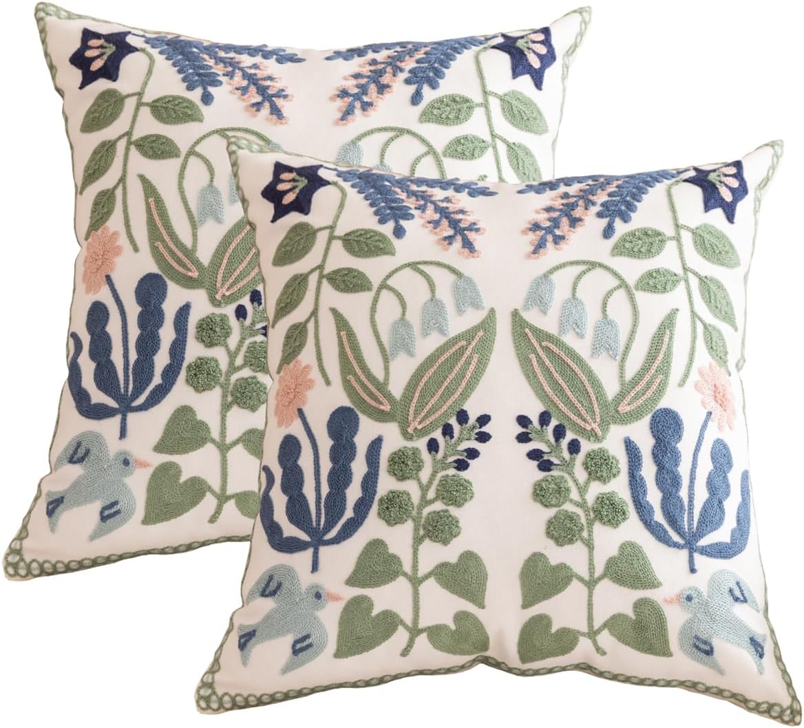 YIcabinet Set of 2 Throw Pillow Covers 18 x 18 Inch Emroidery Leaf Flowers Decorative Square Pillowcases Cozy Cushion Cases for Couch Sofa Bedroom Living Room Home