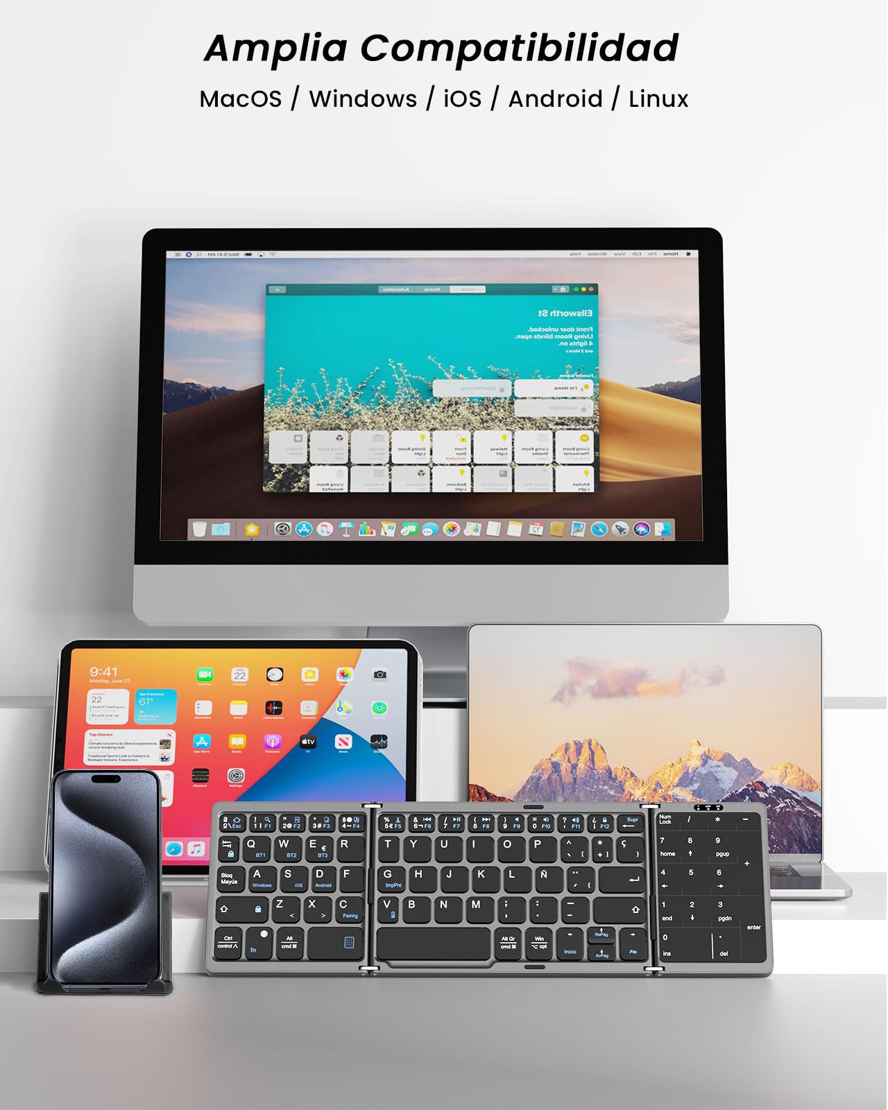 MoKo Teclado Plegable Español Ñ, Teclado Inalámbrico Bluetooth | Con Panel Táctil y Teclados Numérico, Teclados Portátil USB-C Recargable, para Windows iOS Android Tablet/Móvil/PC