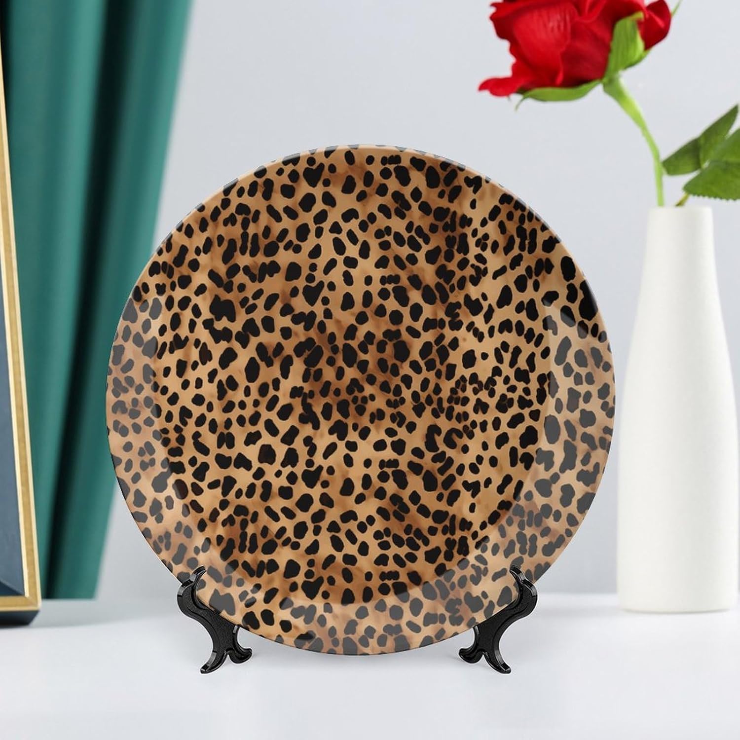 Leopard Patterned Wallpaper Bone China Decorative Plate with Display Stand, Ceramic Ornaments Plate for Wall Hanging, Personalized Porcelain Plates for Office, Living Room 10inch