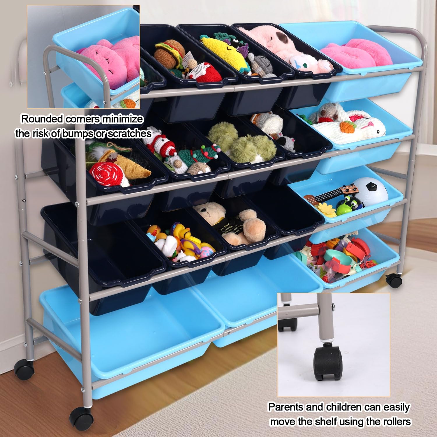 Kids Toy Storage Organizer, 4 Layers Multipurpose Metal Toy Storage Rack with 18 Detachable Plastic Large Small Bins for School Playroom Nursery Kids Room (Blue)