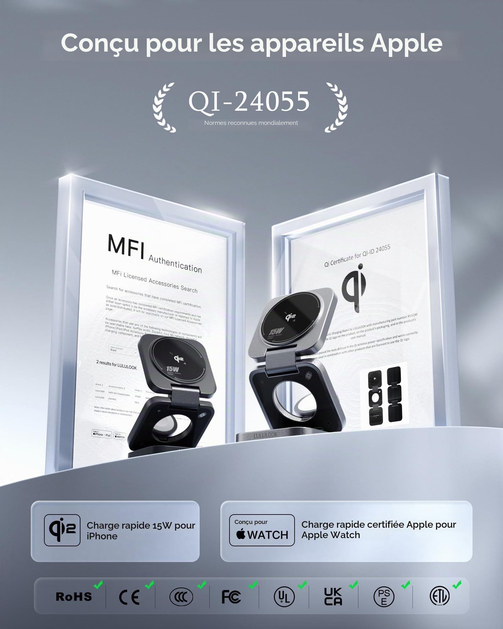 Qi2 Station de charge 3 en 1 Apple avec Made for Watch [MFi], chargeur de voyage pliable MagSafe 15 W Compatible pour iPhone 17 Pro Max/17 Air/17 Pro/17, chargeur 5 W pour Apple Watch 11, AirPods bloc