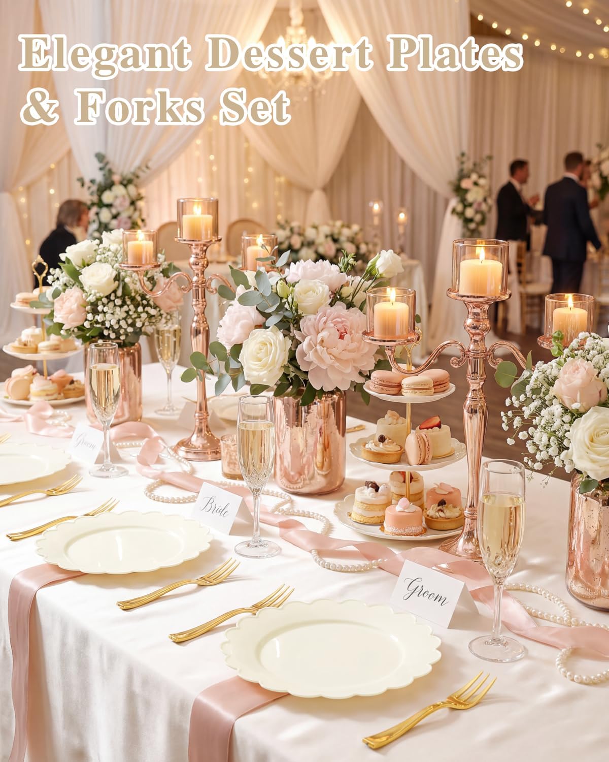 LIYH 200 Pcs Ivory Plastic Plates and Gold Forks- Scalloped Dessert Plate 7.5" Disposable Fancy Plastic Plate, Baby Shower Cake Plates Mother's Party Tableware Dishes Easter Day