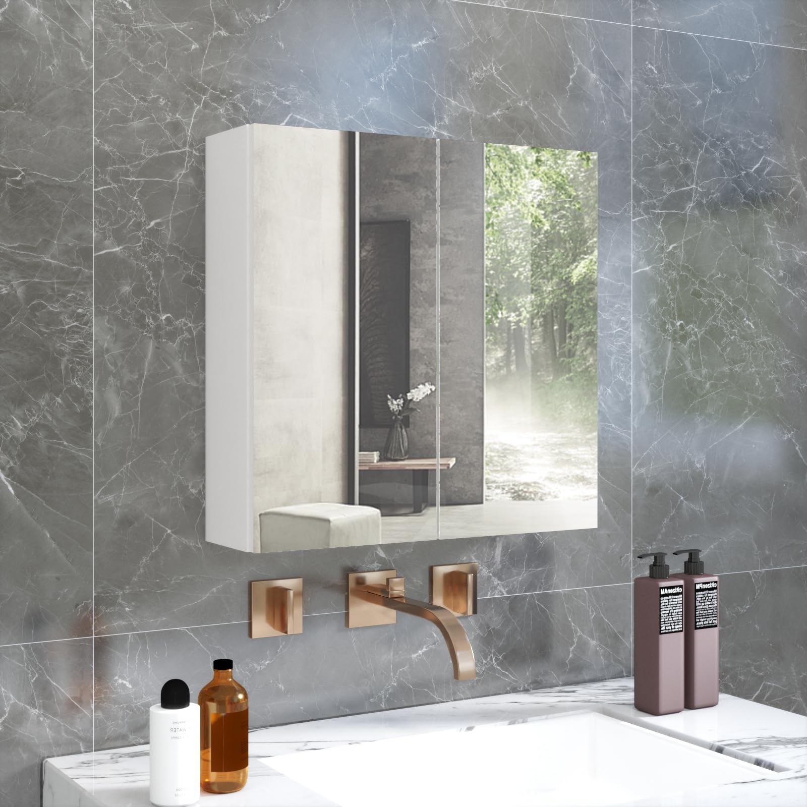 Mondeer Armario de Pared con Espejo de baño, Armario de Almacenamiento con 2 Puertas y 2 estantes, de Madera, Estilo Moderno, para baño, 45 x 13 x 45 cm, Color Blanco
