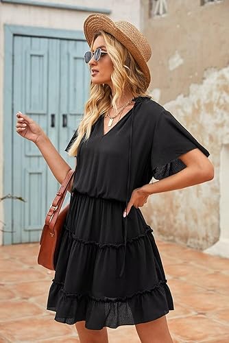 Miniatura 4 de Dokotoo Vestido de manga corta con cuello en V y volantes para mujer, para primavera y verano, 2025, elegante, mini falda corta