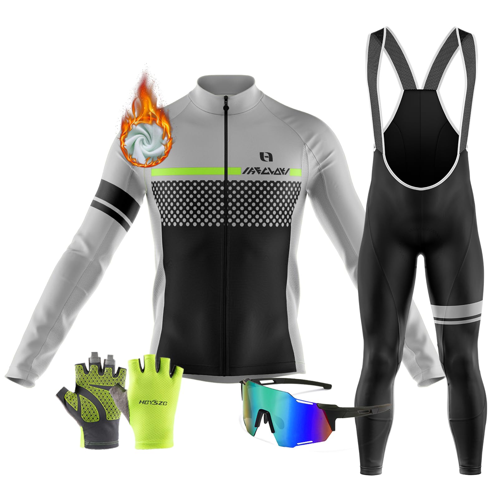 Ropa Ciclismo Otoño/Invierno/Primavera para Hombre Ciclismo Acolchado Maillot MTB de Manga Larga y Culotte Pantalones Acolchado 9D＋Gafas de Ciclismo Guantes