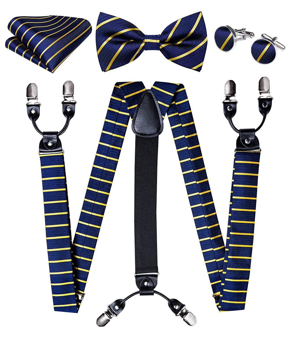Tirantes de cuero azul dorado para hombre, con 6 clips, tirantes para pantalones, tirantes elásticos de seda en forma de Y, conjunto de pajarita para hombre (color: Talla A: Ajustable) (Talla única)