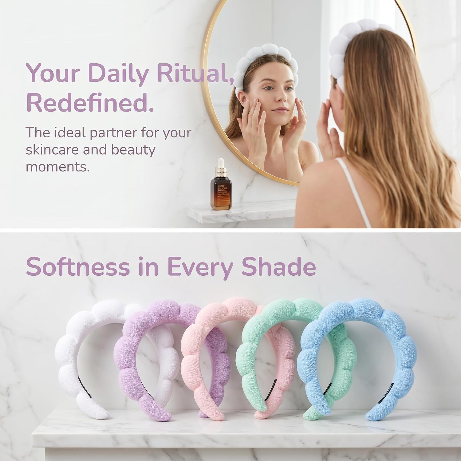 Spa Headband for Women, Cloud Puffy Terry Cloth Hair Band for Face Washing, Skincare, Makeup, Ultra-Soft Thick Towel Headband with Non-Slip Elastic Strap, Cute Face-Framing Beauty Tool (White) image 3