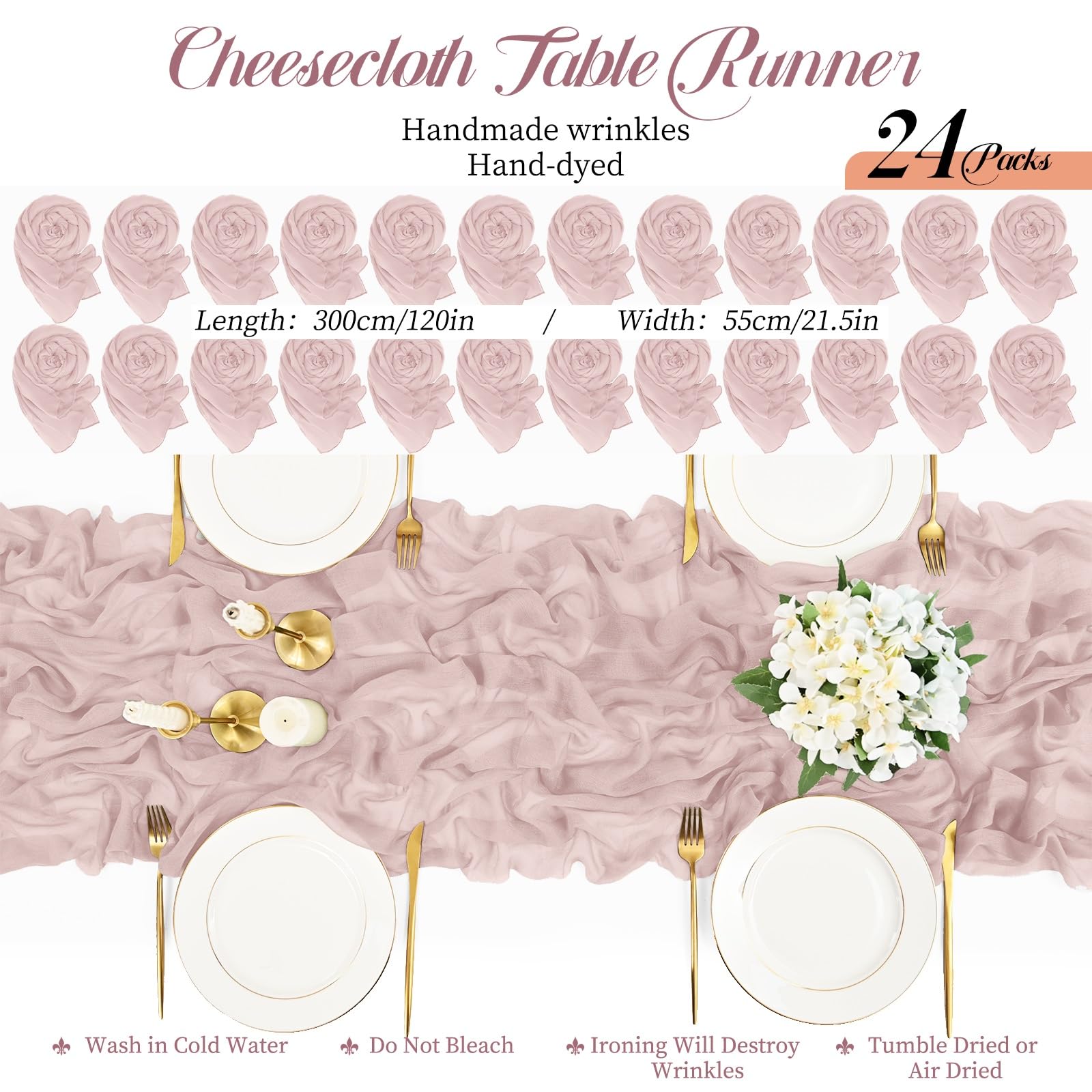 Lot de 24 chemins de table en étamine, 3 m, rustiques, style bohème, décoration de table de mariage, fête prénuptiale, décoration de table de mariage, fête prénuptiale, rose
