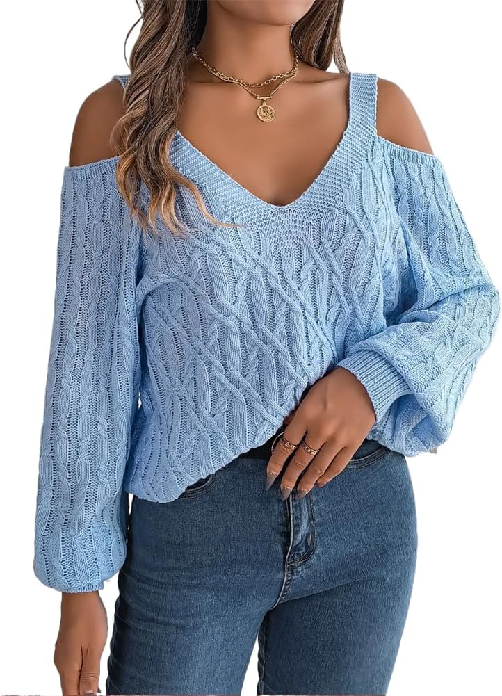 Casual Loose Knit Sweater Pullover for Women' Off Shoulder Solid Lantern Sleeve