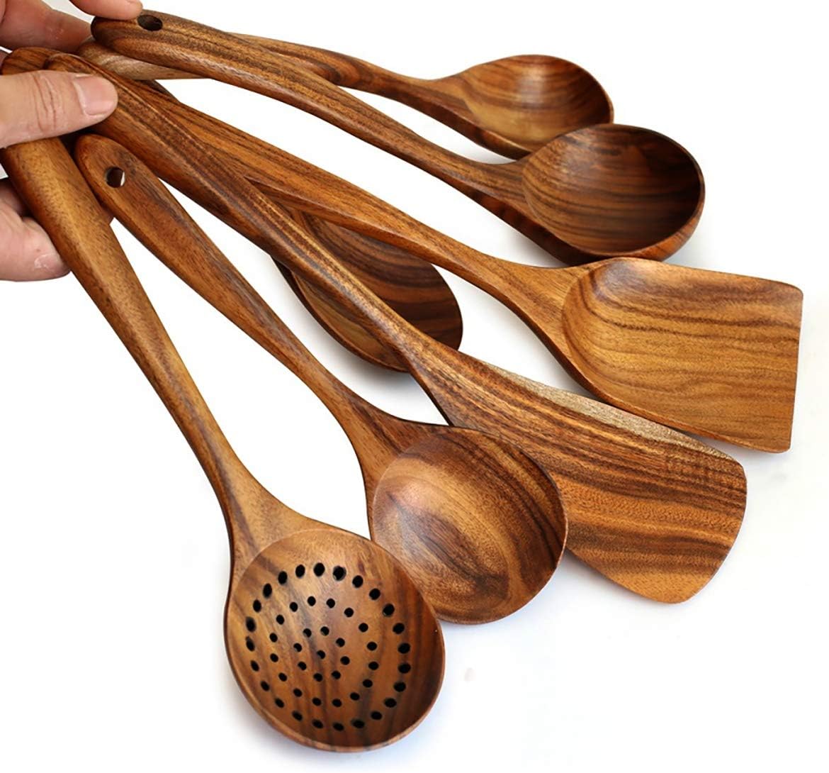 ECYC Home Wooden Spoon Spatula Kitchen Cooking Spoons Hot Pot Colander Rice Spoon Teak Natural Wood Kitchen Tools Set