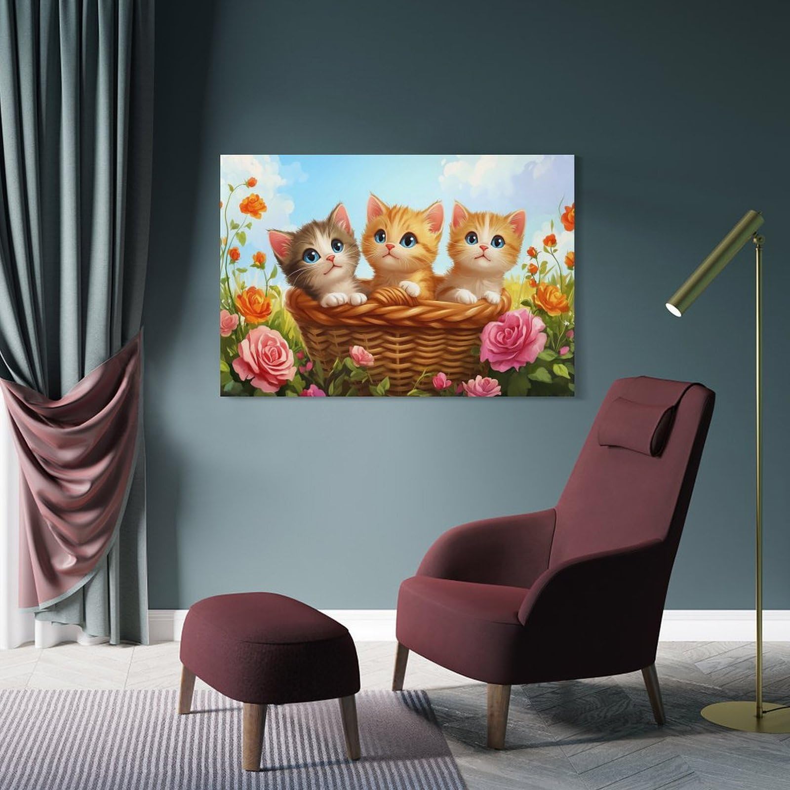 Junmoney Cute Kittens in Basket Wall Art Print 12x18inch(30x45cm), for Lounge, Study, Hallway Or Flat Walls, Decorative Artwork with Broad Appeal