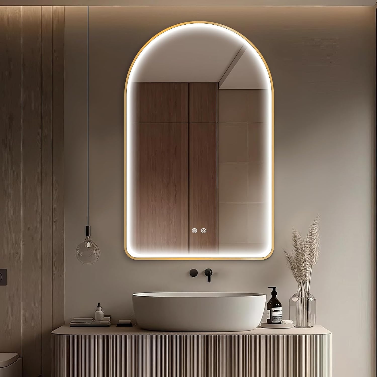 Niccy Arched LED Bathroom Mirror, 48"x30" Gold Framed Arch Wall Lighted Mirrors, Arching Frontlit Vanity-Mirror with Memory Function for Bathroom Bedroom, Defogger and 3 Color, Explosion-Proof