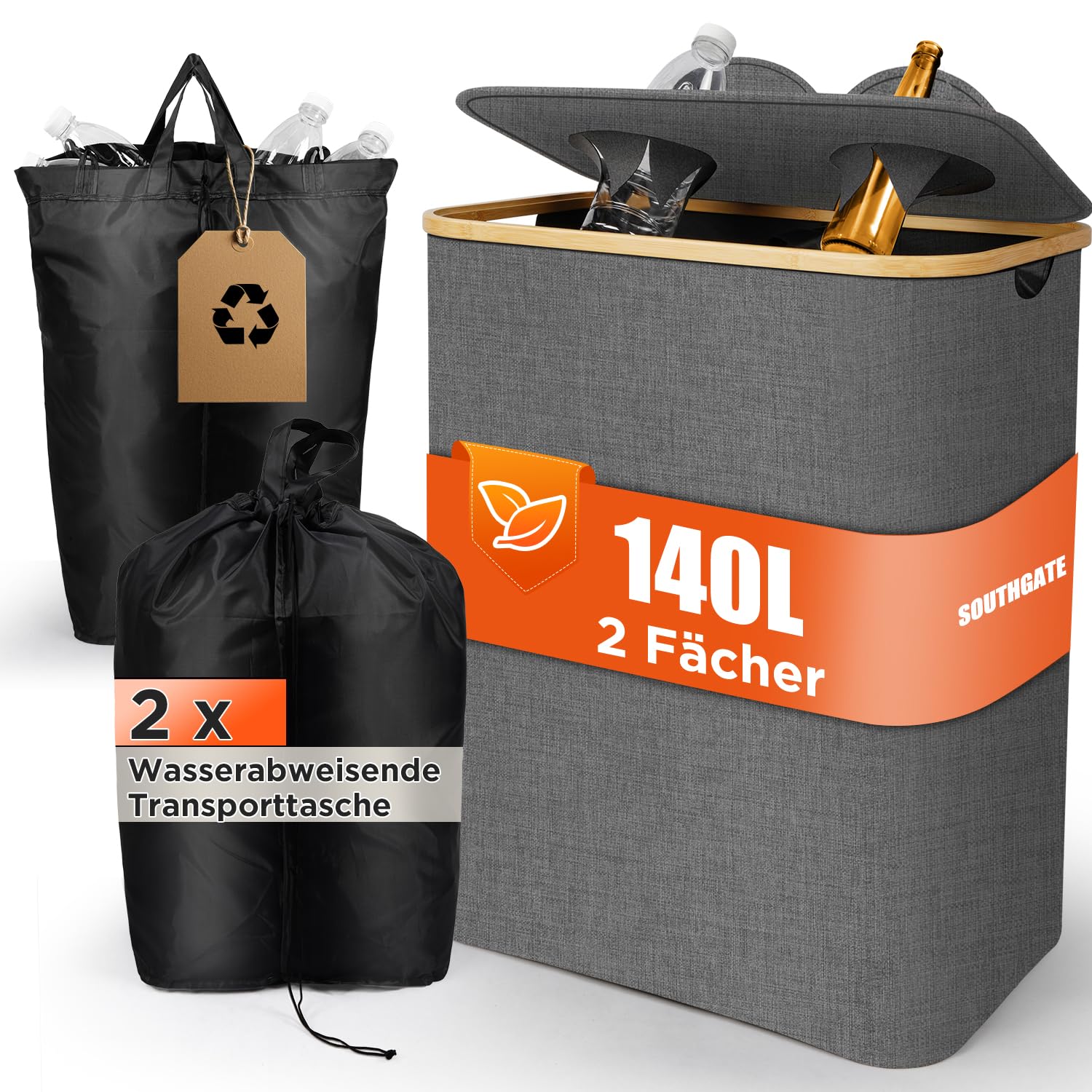 SOUTHGATE pfandflaschen sammelbehälter 2 Fächer, 140L Leergut-Organizer, Klappdeckel mit Silikon-Dichtung, 2 waschbare Taschen mit Kordelzug, faltbar 4 cm, für Küche & Abstellraum, Grau