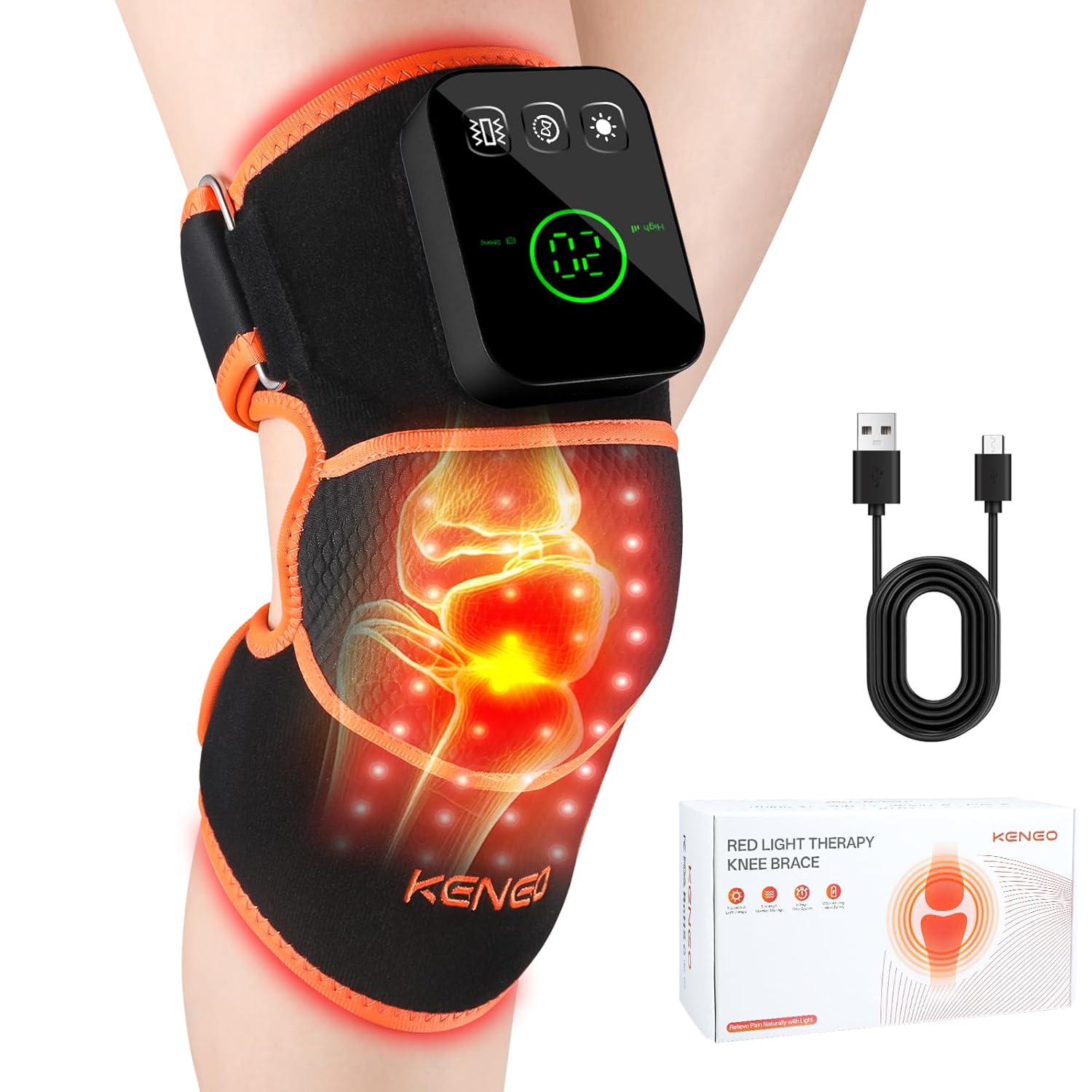 Keneo Red Light Therapy Knee Brace with Vibration Massage - 660nm & 850nm Infrared Light Therapy for Knee Pain Relief, 3 Heat Levels, 3 Massage Modes, Wireless & Rechargeable (New Orange)