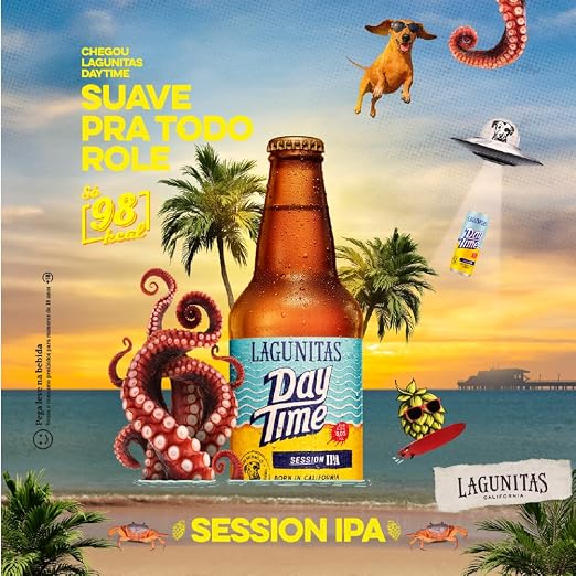 Arte promocional da cerveja Lagunitas Day Time com elementos lúdicos como polvo, cachorro voador e palmeiras
