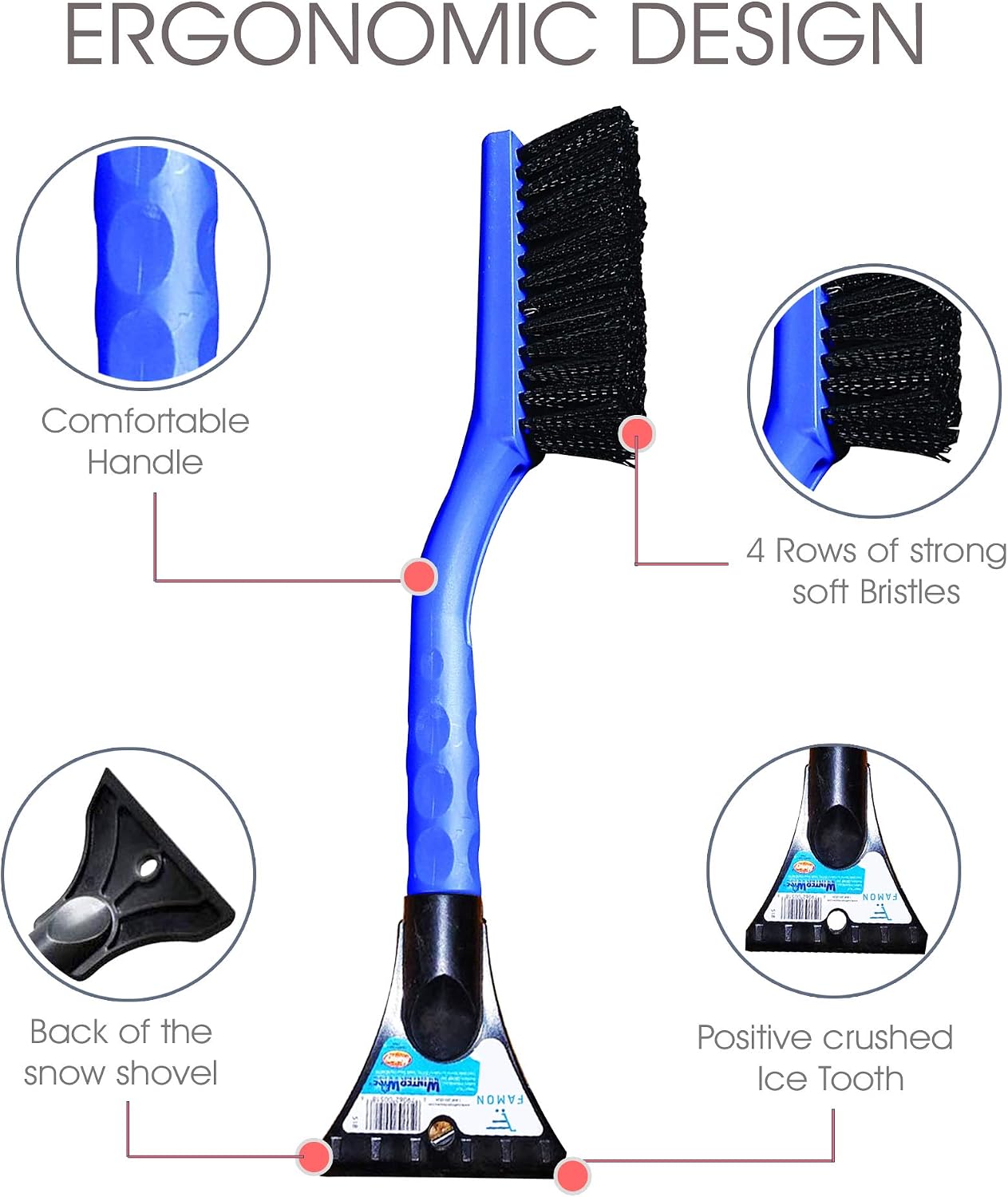 Famon Car Snow Brush with Ice Scraper, Snow Scraper Shovel with Soft Bristle Head for Cars SUVs and Trucks, Window and Windshield Cleaning Automotive Tool