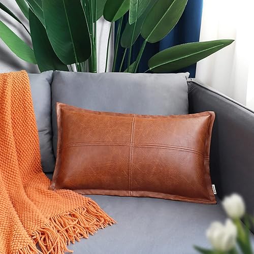 Miniatura 2 de BRAWARM Funda de almohada de cuero coñac 12 X 20 pulgadas, funda de almohada de cuero sintético con ribete, funda de almohada decorativa lumbar de