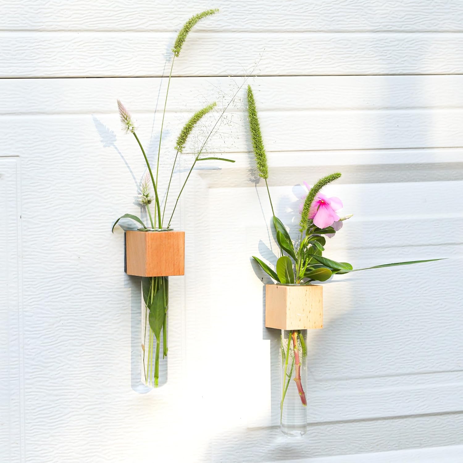 Wooden Wall Planter Glass Plant Propagation Stations Fridge Glass Tube Single Stem Bud Vase 2Pcs/Set Modern Decorative Cube Wood Window Flower Vase Refrigerator Magnetic Mini Glass Vase with Dropper image 5