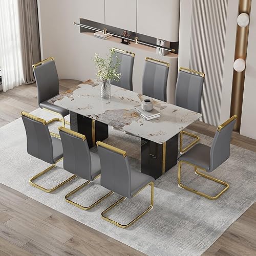 Miniatura 11 de Juego de mesa de comedor moderno de 71 pulgadas para 6, juegos de comedor para 6, mesa de mármol sintético de cocina y sillas de piel sintética,