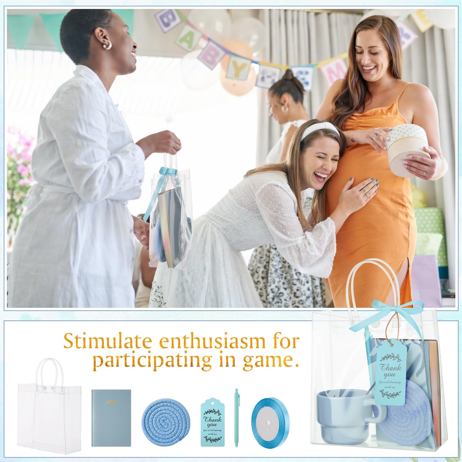 43 premios de juego para baby shower para ganadores del juego, regalos de baby shower, incluyendo tazas de cerámica con cucharas, posavasos tejidos y bolsas de regalo para cuaderno, tarjeta