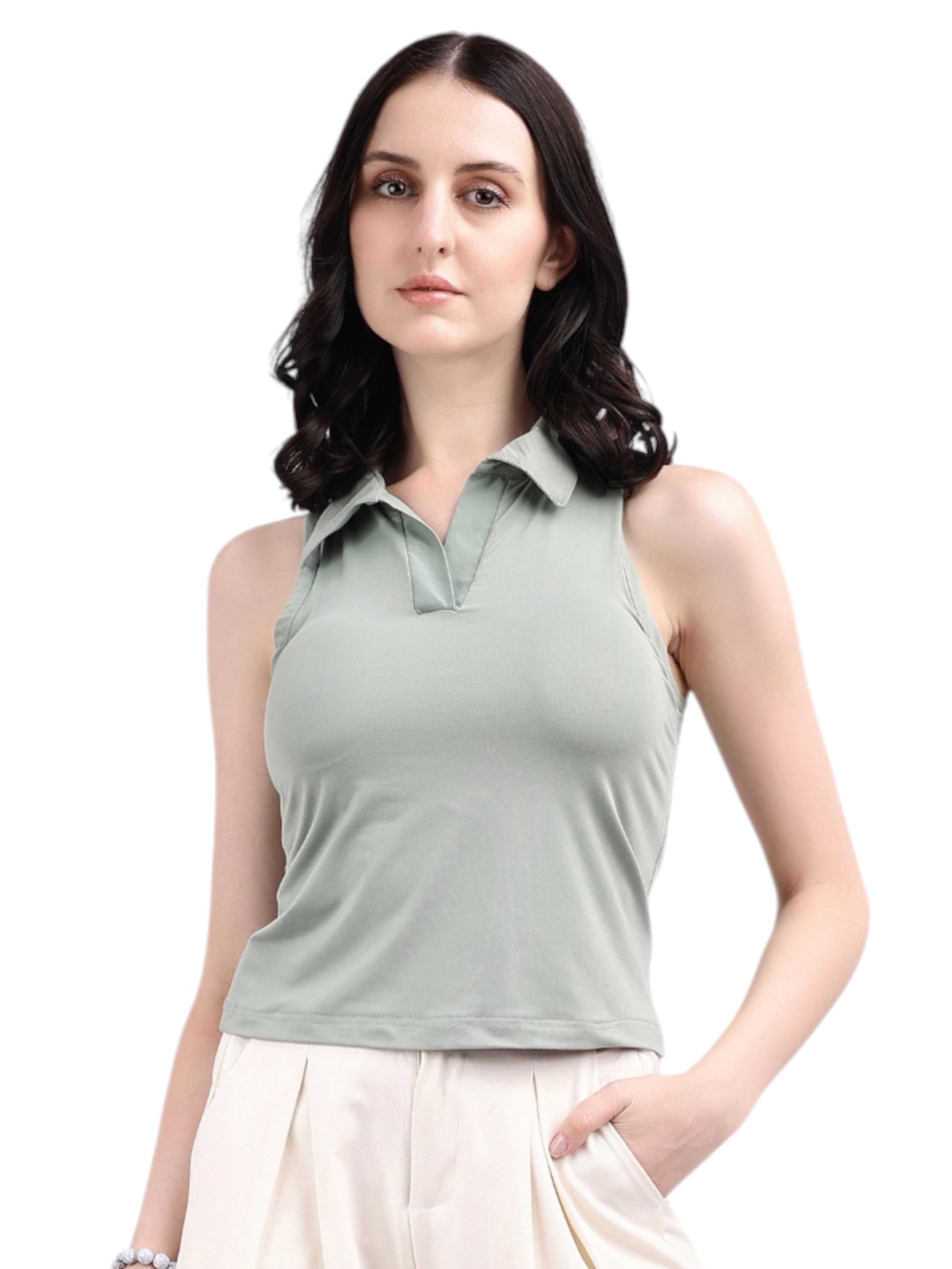 Padded Tank Top Camisole with Built-in Bra, Collared Racerback Sleeveless Ribbed Stretchable Slim Fit Innerwear Tops with Pad-image-2