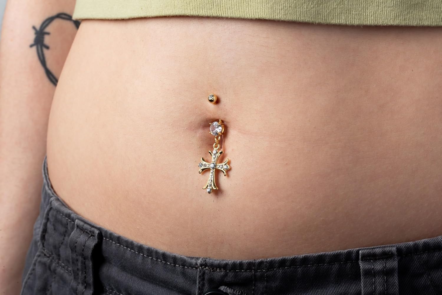 Pierced Owl 14G 316L Surgical Steel Celtic Cross with Paved Gems Dangling Belly Button Ring - Image 2