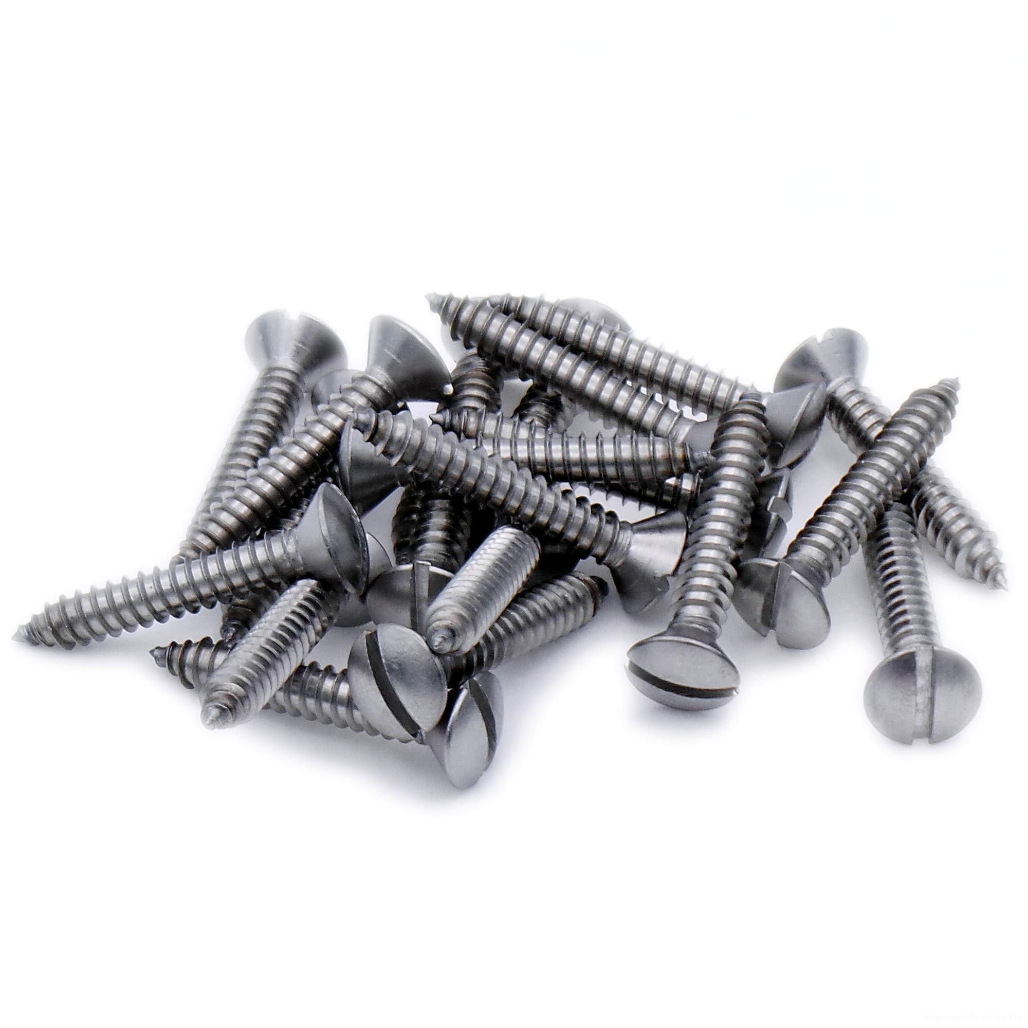 Singularity Supplies Silver No.7 X 1.25 (3.9Mm X 32Mm) Slot Raised Countersunk Self-Tapping Screw - Stainless Steel (A2) (Pack Of 20)