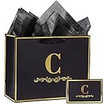 momoake Alphabet Birthday Gift Bag with Card and Tissue Paper for Men Women, 13 Large Black Gold Personalized Bridal Party Gift Paper Bag for Gifts Wrapping - (Letter C)