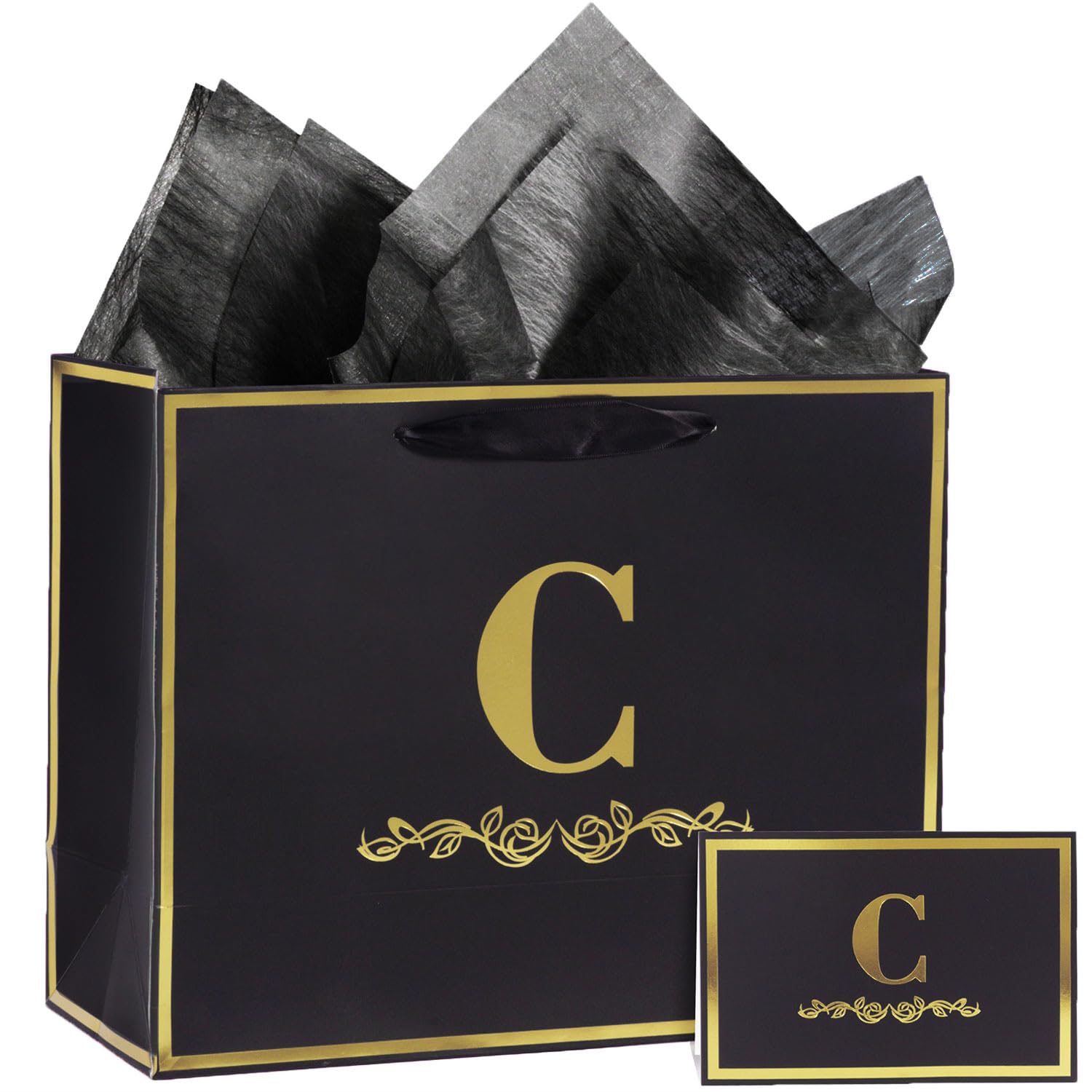 momoake Alphabet Birthday Gift Bag with Card and Tissue Paper for Men Women, 13" Large Black Gold Personalized Bridal Party Gift Paper Bag for Gifts Wrapping - (Letter C)