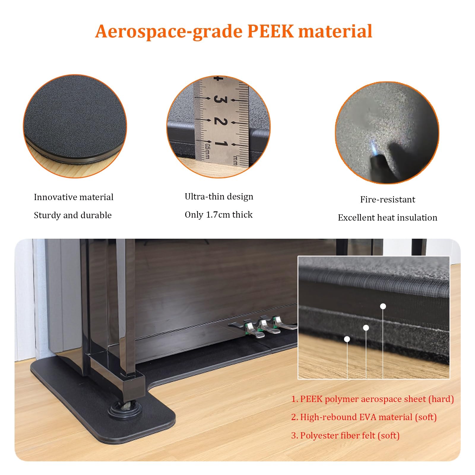 Tappetino insonorizzante per pianoforte in PEEK di grado aerospaziale, 160x68 cm, tappetino antivibrazione per pianoforti verticali, resistente e ignifugo, per la riduzione del rumore