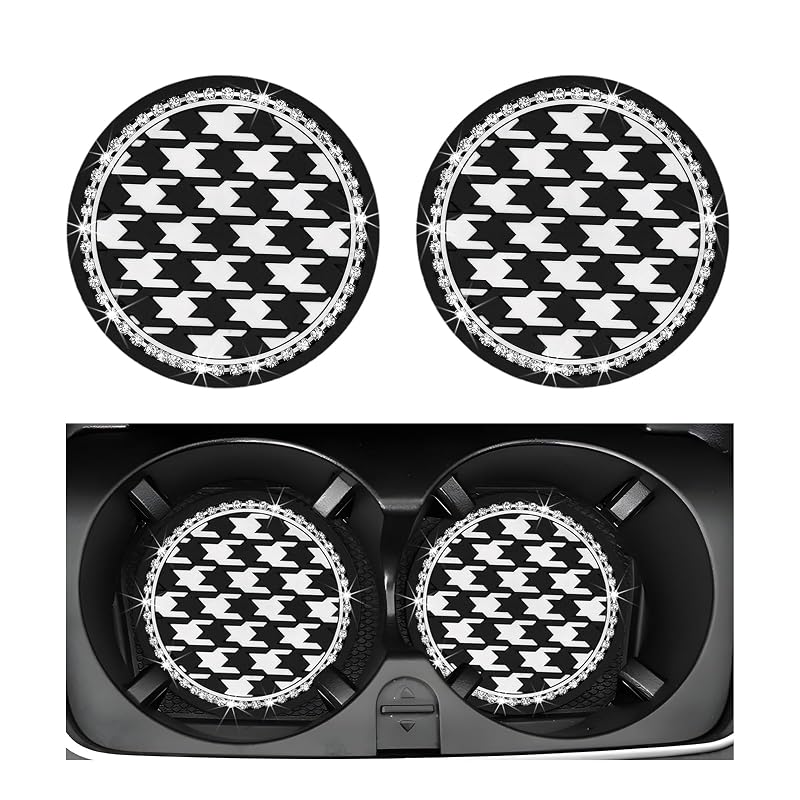 Yourkar Apoio para Porta-Copos Automotivo com Estampa Houndstooth em PVC e Detalhes Brilhantes, 7,01 cm, 2 unidades