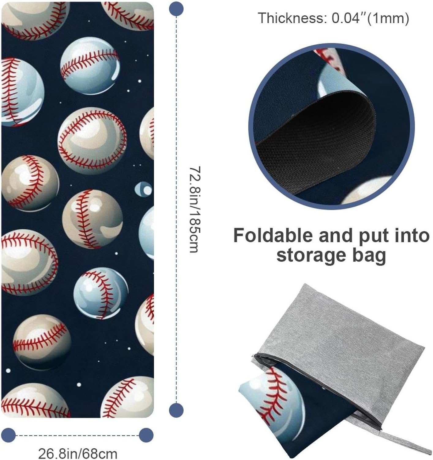 Yoga Towel, Baseball Pattern Non Slip Sweat Absorbent Hot Yoga Mat Towel for Hot Yoga, Pilates and Fitness - 72.8" x 26.8"