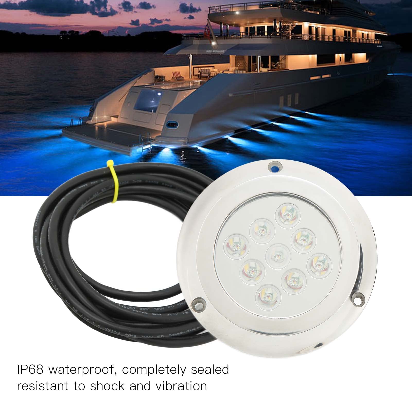 Yacht Underwater Light, Seawater Lamp Shock Resistant Tempered Glass for Boat (Blue Light)