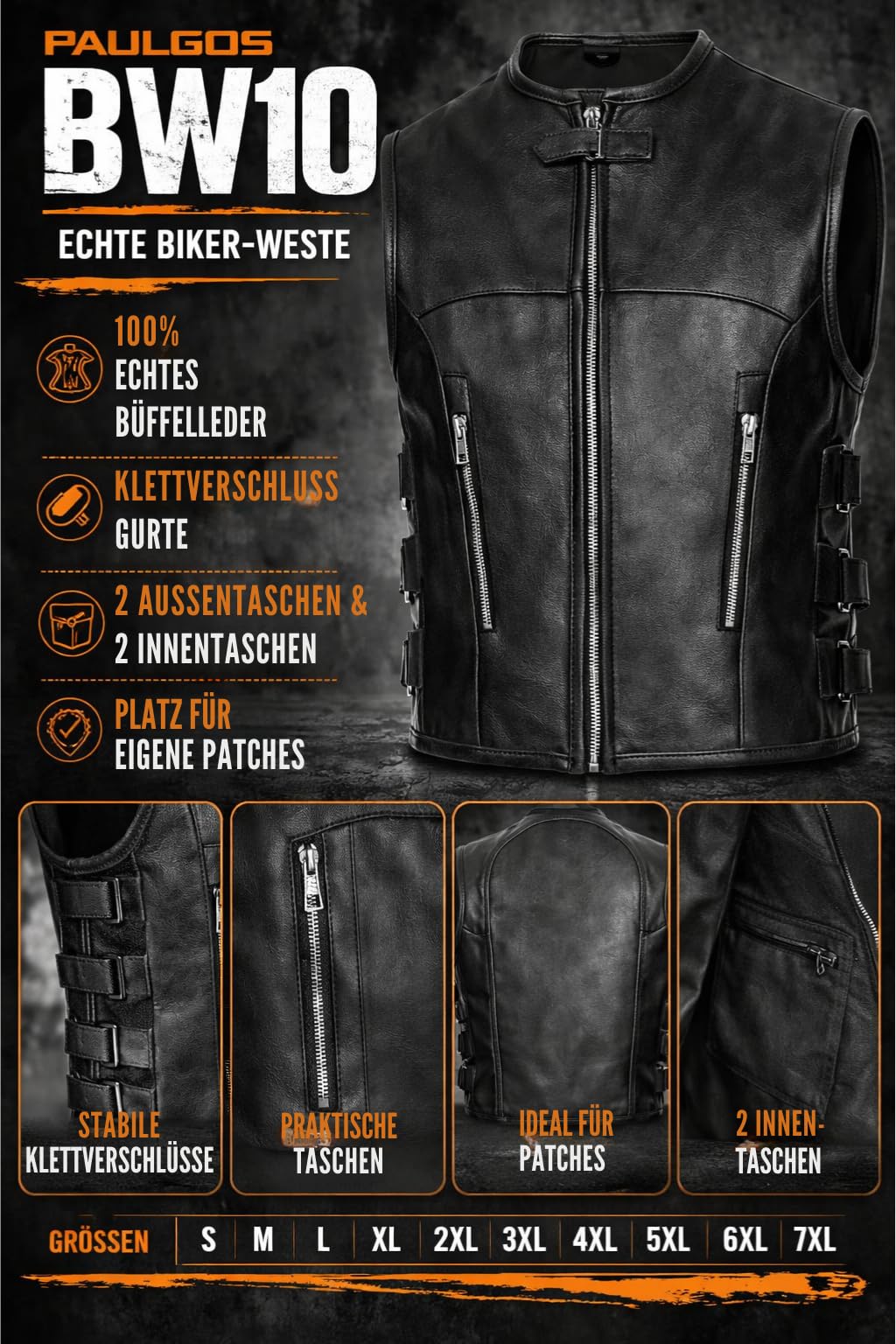 PAULGOS Lederweste Weste Kutte Leder Biker Rocker Motorrad Clubweste Bikerweste Motorradweste Schwarz BW10