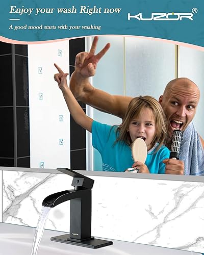 Miniatura 7 de Grifo de baño de cascada negro mate, grifo de fregadero de acero inoxidable de un solo orificio con drenaje desplegable de metal, instalación rápida