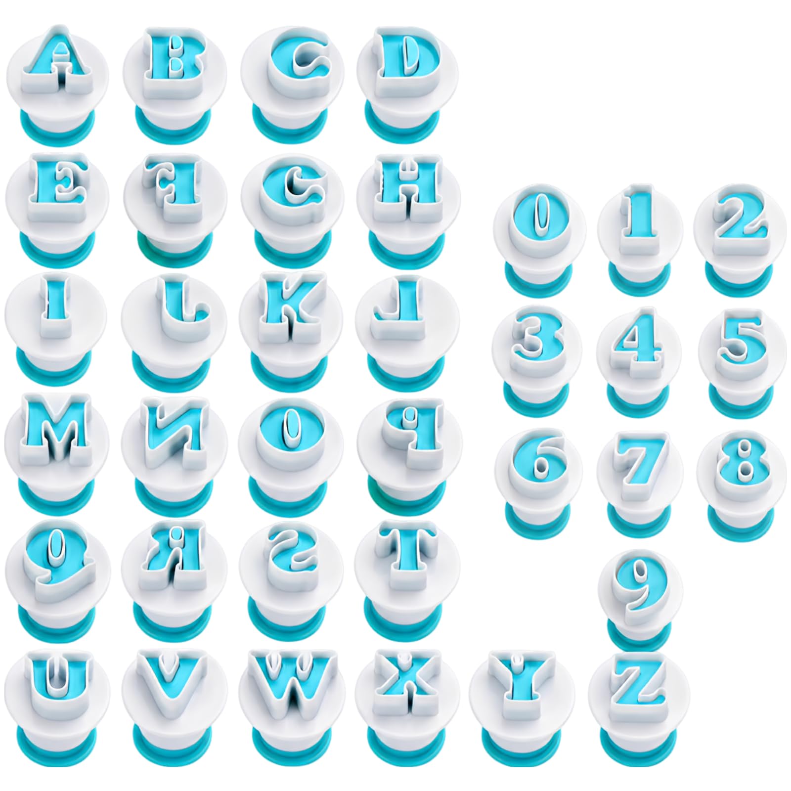 Lot de 36 emporte-pièces alphabet et chiffres, 1,2 in / 3 cm, plastique bleu, moules pour fondant, biscuits et décoration de gâteaux, lettres et nombres pour créations personnalisées