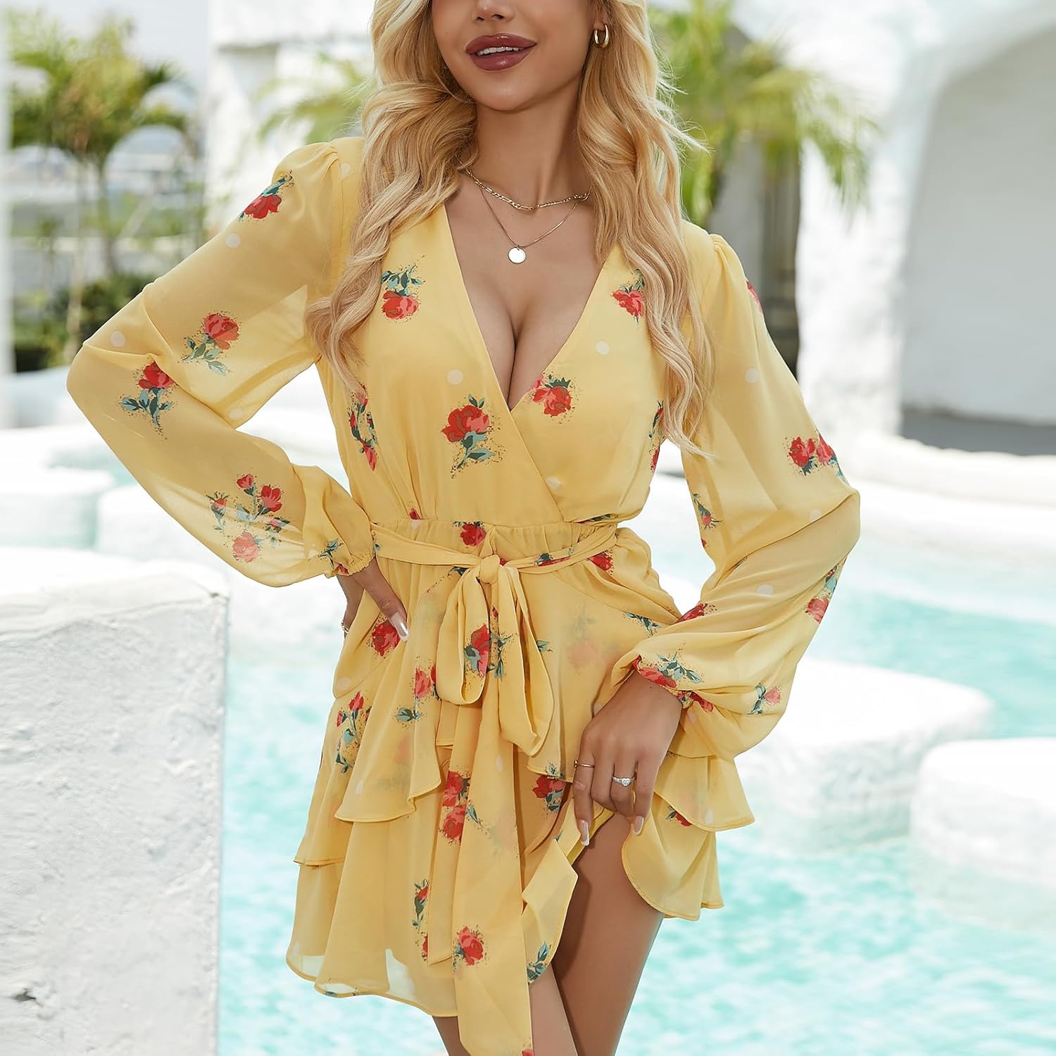 Long Sleeves Chiffon Print Wrap Front Mini Skater Dresses Spring Summer Dress - Image 5