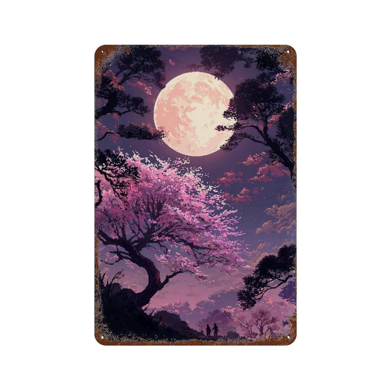 Cherry Blossom Moonlit Walk Weathered Tin Sign 11.8"x7.9", Decorative Metal Wall Art for Garage, Bar And Workshop Decor