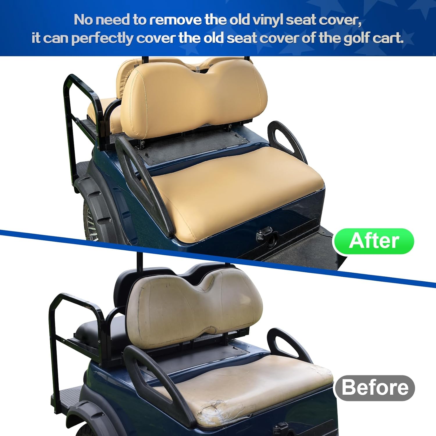 NOKINS Golf Cart Seat Covers Leather Front Seat Cover Fit Club Car Precedent,Smooth and Simple Style,No Stapler,Golf Cart Vinyl Waterproof Replacement Seat Cover, Tan