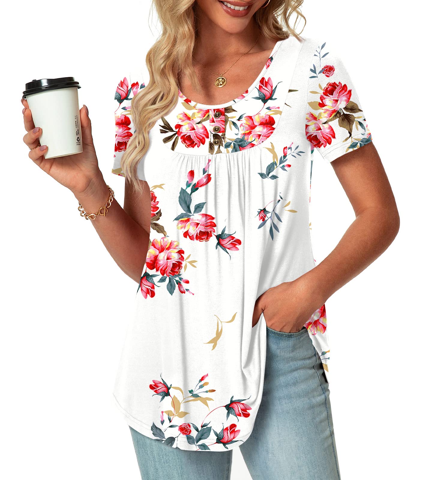 POPYOUNG Summer Womens Tunic Tops Loose Fit dressy Casual Short Sleeve Shirts to wear with Leggings