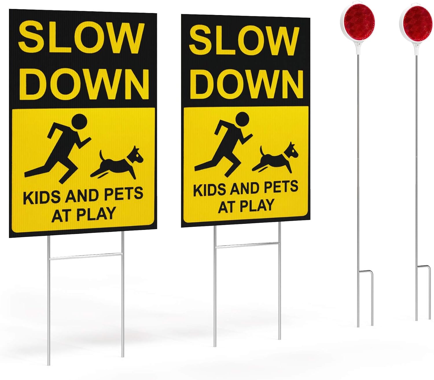 CORQUE Kids at Play Safety Signs for Street, Slow Down & Caution Warning - 2 Pack Double Sided with High Visibility Reflectors & Adjustable Metal Stakes Set - Children Playing Yard Road Visual Signal