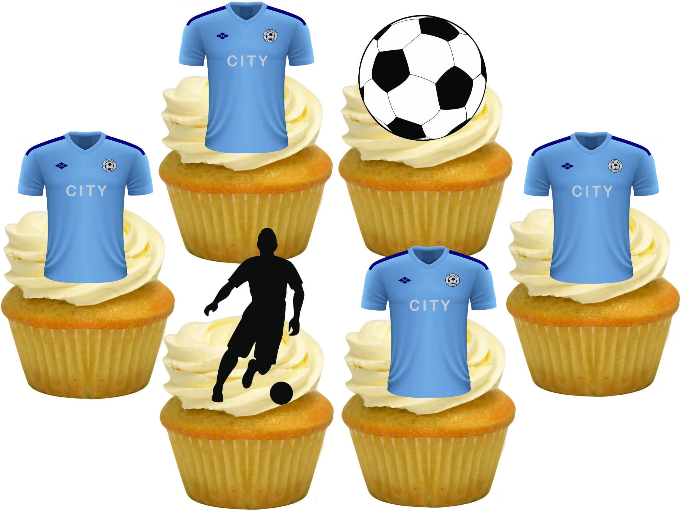 Manchester Blues (City) Football Team Colours Edible Cupcake Toppers - Fun Novelty Edible Wafer Card or Icing Sheet Cupcake Toppers Decorations