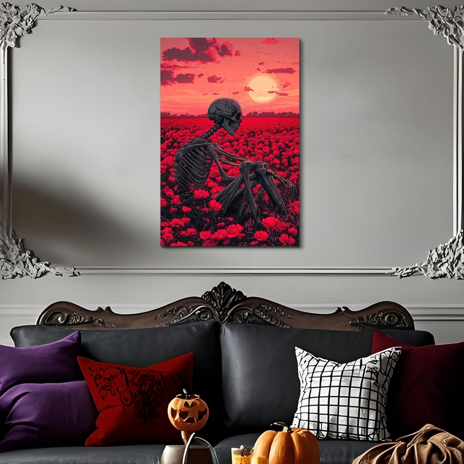 Craftline - Skull Wall Art for Living Room Skeleton in Red Poppy Flower Field Picture Romance Floral Nature Poster Print Painting on Canvas Frame Artwork for Halloween Bedroom Decor 12x16inch
