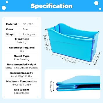 34 Inch Foldable Freestanding Blue Collapsible Bath Tub