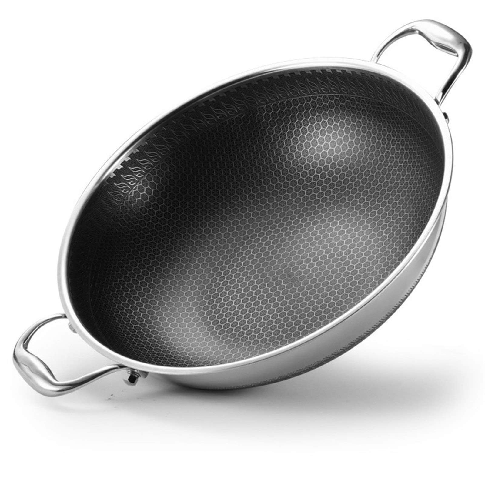 Wok de Acero Inoxidable con Tapa, Wok de inducción Antiadherente, Wok para ollas Calientes, sartenes para saltear con Doble Anillo, Wok pequeño/Grande,34cm