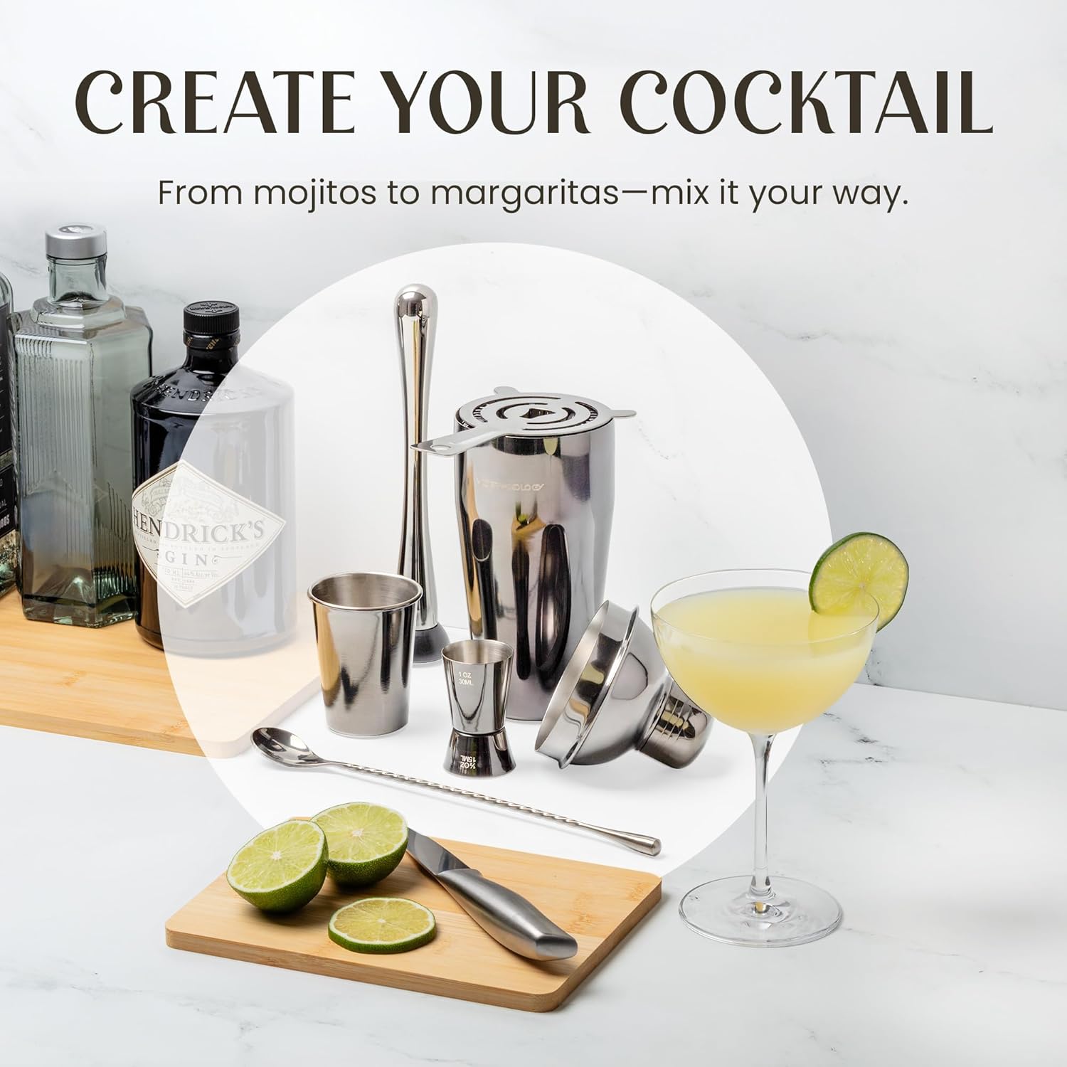 Modern Mixology 21-Piece Cocktail Shaker Set with Stand, Bartender Kit for Home Bar Accessories: 24oz Martini Shaker, Jigger, Strainer, Bar Spoon, Tongs, Opener, Muddler (Silver, Dark Brown Stand)