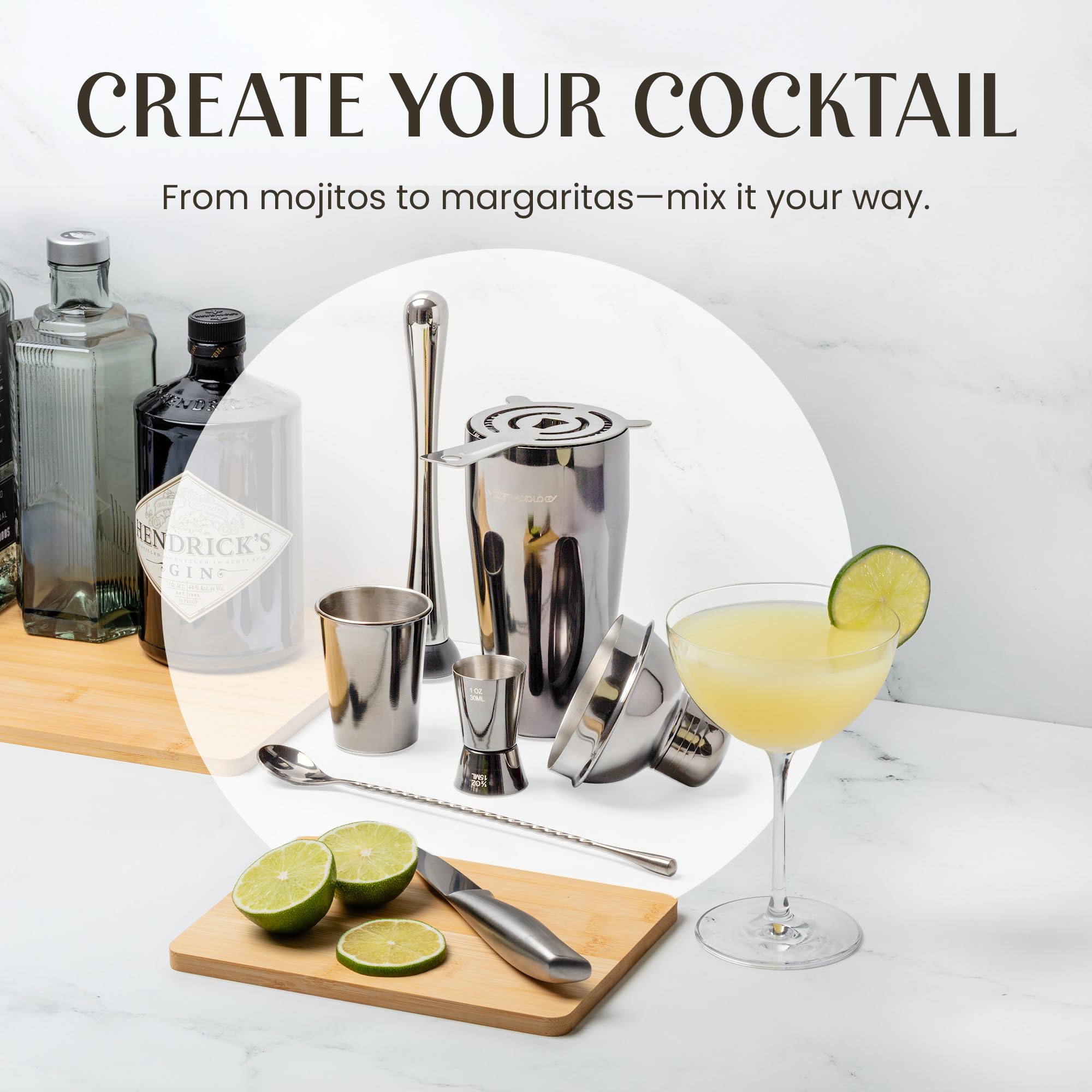 Modern Mixology Juego de coctelera – Juego de 24 piezas de acero inoxidable para barman y soporte para bar en casa, perfecto para mezclar bebidas en casa, además de libro de recetas de cócteles