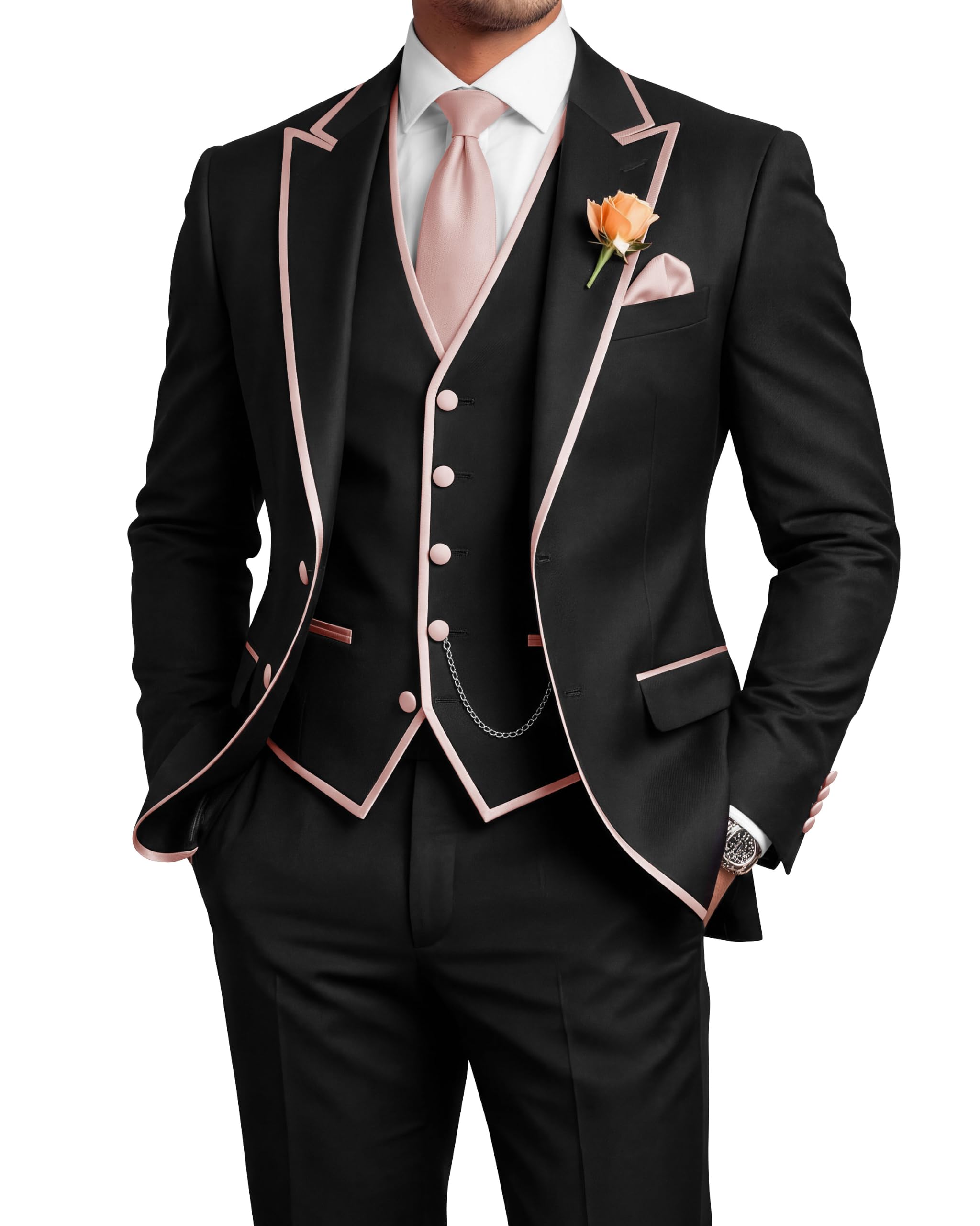 Men's 3 Piece Tuxedo for Men Slim Fit Black Wedding Suits for Groom Groomsman Prom Graduation Jacket Vest Pants