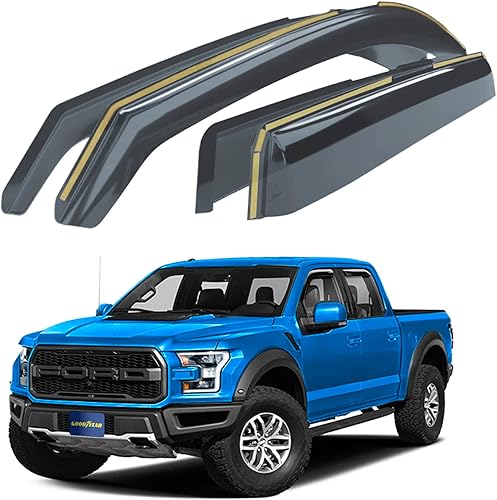 Goodyear Deflectores de ventana inastillables en el canal para Ford F150 Raptor 2017-2020 SuperCrew, protectores de lluvia, viseras de ventana para